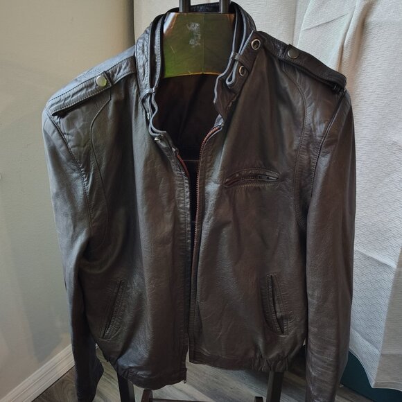 Vintage 1980’s Bomber Collarless Brown Leather Jacket - Picture 6 of 9